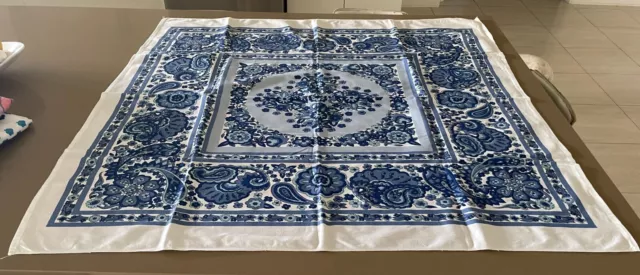 Vintage Table Cloth 1960'S Cotton Blue & White Paisley Floral Print  124 x 124cm