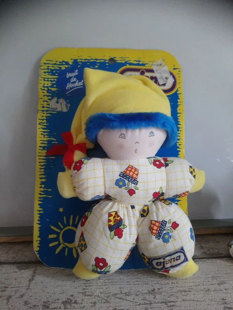 Doudou peluche lutin poupée blanc jaune fleurs grelot Ajena neuf + cadeau