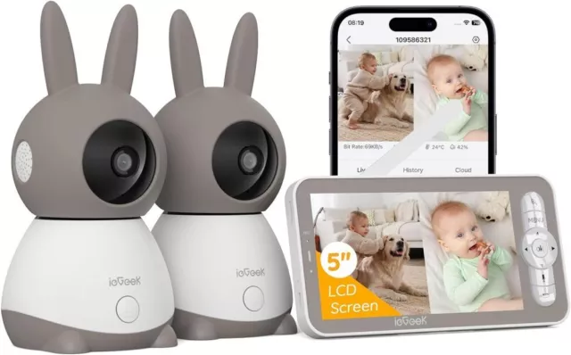 Babyphone mit 2 Kamera,HD 2K IR-Nachtsicht Video Babyfon PTZ 355° mit Mobile App