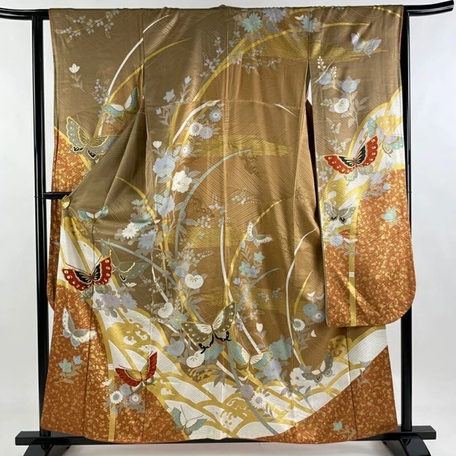 Woman Japanese Kimono Furisode Silk Butterfly Wave Gold Foil Light Brown