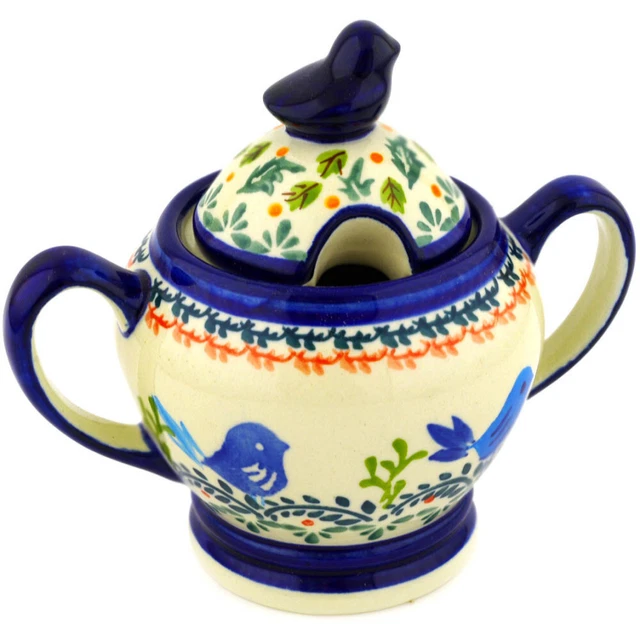 Polish Pottery Sugar Bowl 11 oz Vine Birds UNIKAT