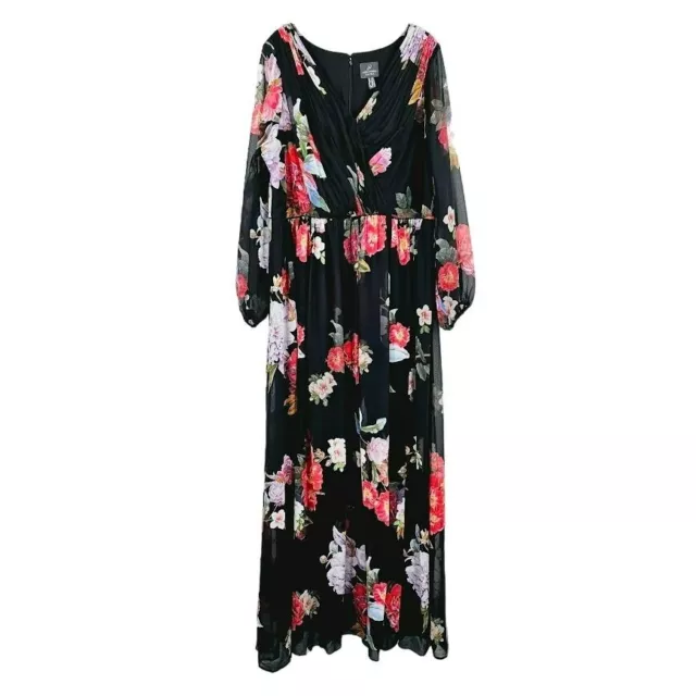 Adrianna Papell Floral Chiffon Gown 18W Black Red Pleated Long Sleeve Maxi Dress