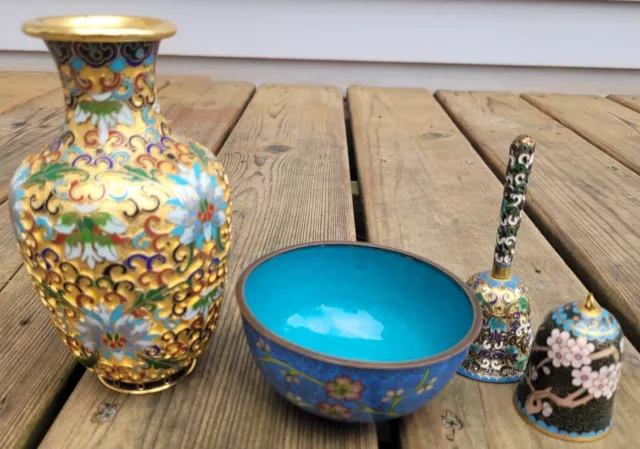 Vtg Cloisonne Chinese Enamel Vase Bowl & Bell Lot Blue Floral