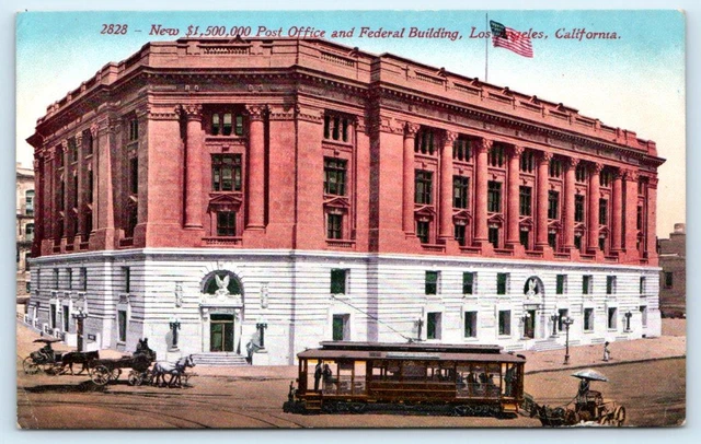 LOS ANGELES, CA California~ Street Scene POST OFFICE, STREET CAR c1910s Postcard