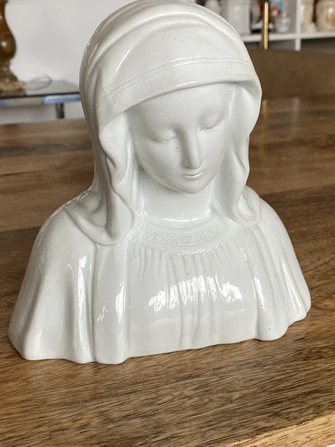 Buste Vierge Marie En Faïence Sur Socle Bois - Décoration Religieuse Vintage