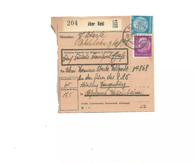 DR / über Kehl Paket-Zettel + Stempel Kehl c 1940 auf Paketkarte