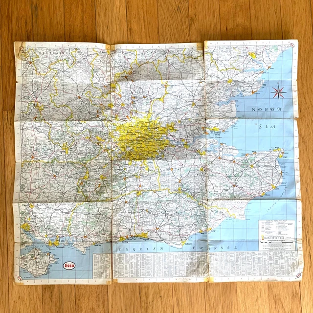 1960 LARGE ESSO Road Map of South East England Vintage Historic Old