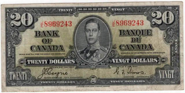 1937 Bank of Canada $20 Dollars Note - Coyne/Towers - J/E8969243 - VF