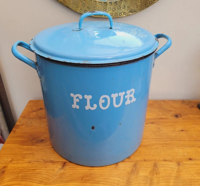 LARGE VINTAGE BLUE Enamel Flour Bin Storage Container £55.00 PicClick UK