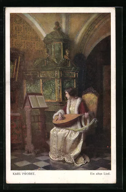 Künstler-AK Junge Frau spielt ein altes Lied auf der Laute 1911