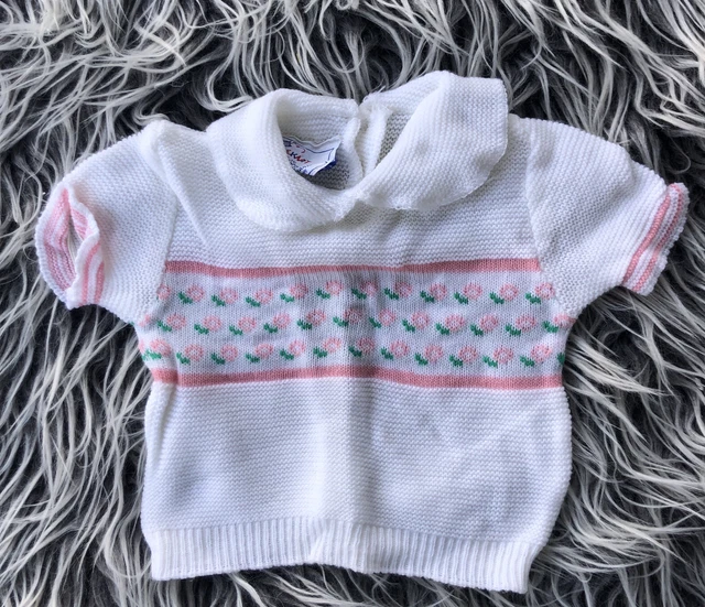 Vintage baby girl Cradleknit sweater 0-6 months white pink flowers collared