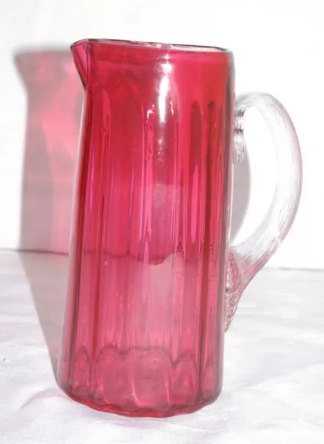 Antique Victorian Cranberry Glass Jug Reed Shell Handle Handmade Mid 19 Century