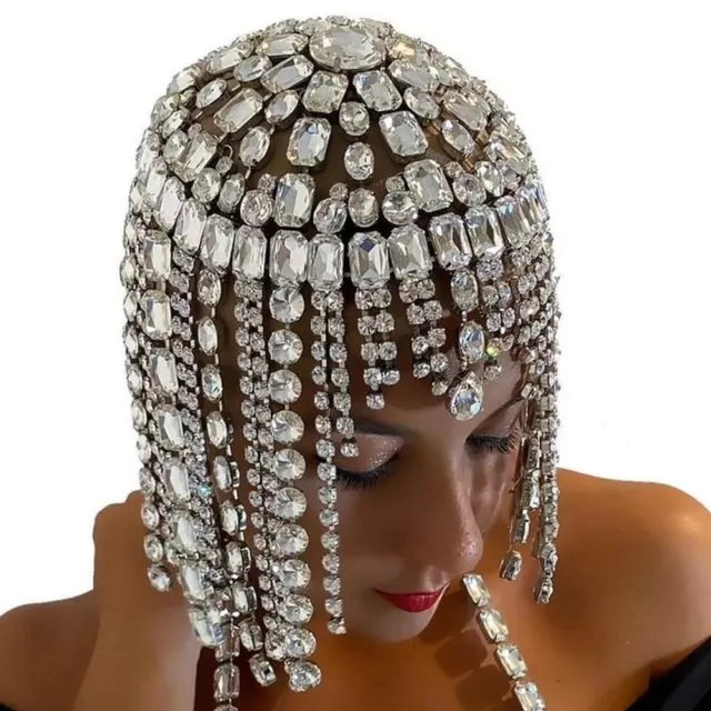 Luxury Crystal Rhinestones Tassel Hair Chain Bridal Headpiece Jewelry for Women