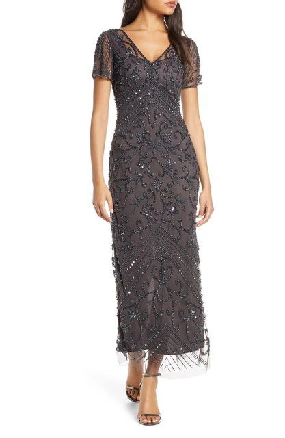 Pisarro Nights Beaded Mesh Column Gown SZ 16 Slate