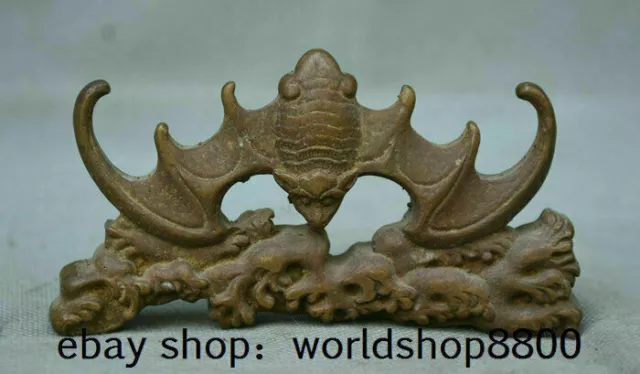 4.6" Old Chinese Red Bronze Folk Feng Shui Bat Birds auspicious Wealth Statue