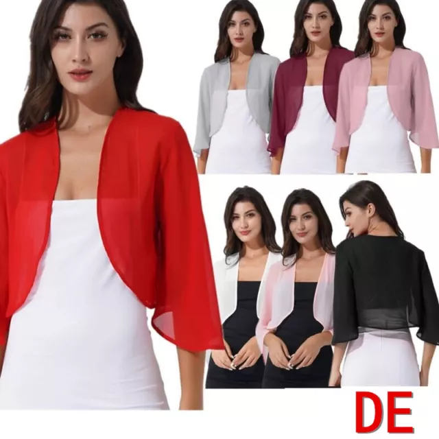 DE Freebily Damen Bolero Chiffon Festlich Kurz Cardigan Tops 3/4 Ärmel Jacke