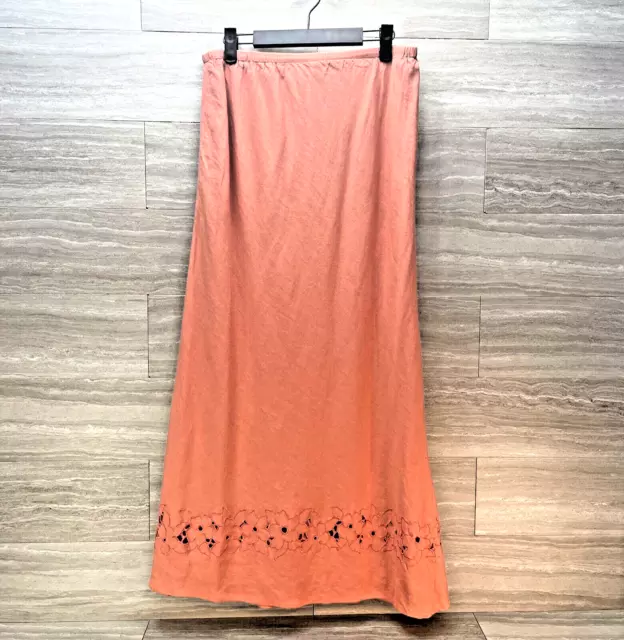 Adrianna Papell Women’s Linen Blend Coral Lined Maxi Skirt Size 14 Embroidered