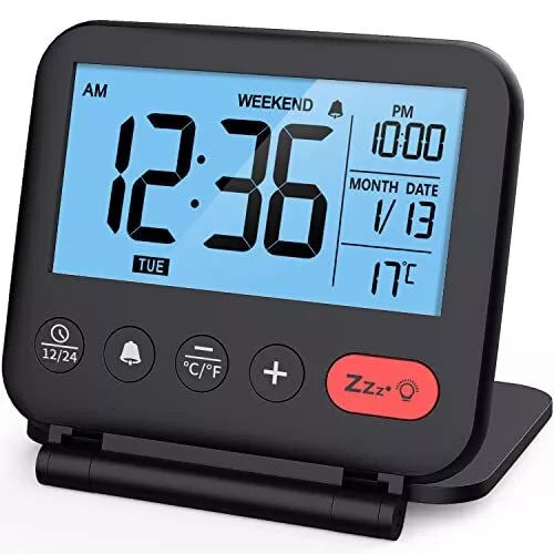 Digital Travel Alarm Clock for Bedroom Office: Small LCD Desk Clock with Backlig