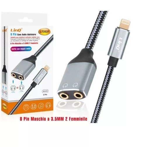 Cavo Adattatore Audio Da 8 Pin Maschio A 2 Jack 3,5mm Aux Femmina Lt3537 linq