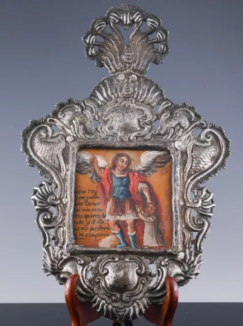 18thc EARLY SPANISH COLONIAL SILVER ICON ANGEL FIGURAL OIL PAINTING ON TIN