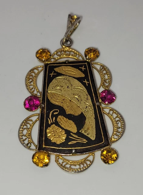 Pendentif Vintage Or De Tolède Damassé Motif Floral Et Oiseau - Occasion