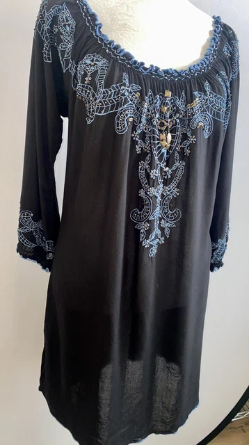 KRISTA LEE Black Beaded Blue Embroidered Mini Dress Peasant Tunic Top Sz M