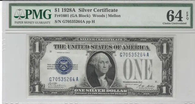 4210$1 1928A Silver Certificate Graded by PMG CH UNC Fr # 1601