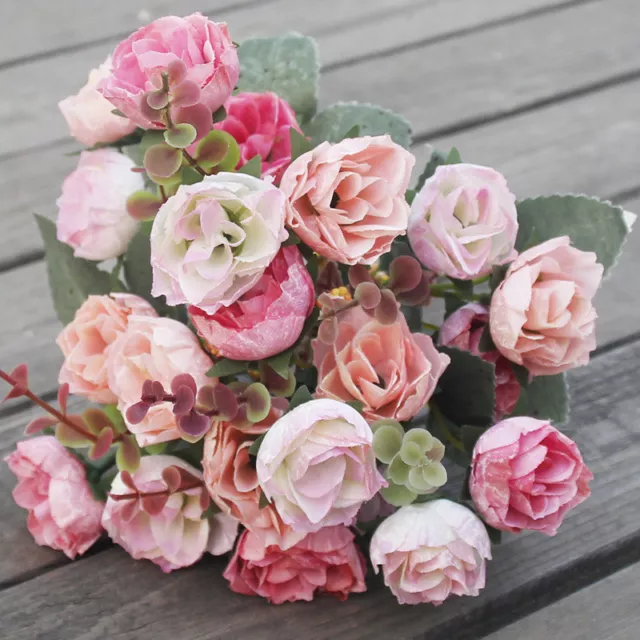 21Heads Stems Artificial silk Flowers Mini Rose Bunch Wedding Home Grave Outdoor