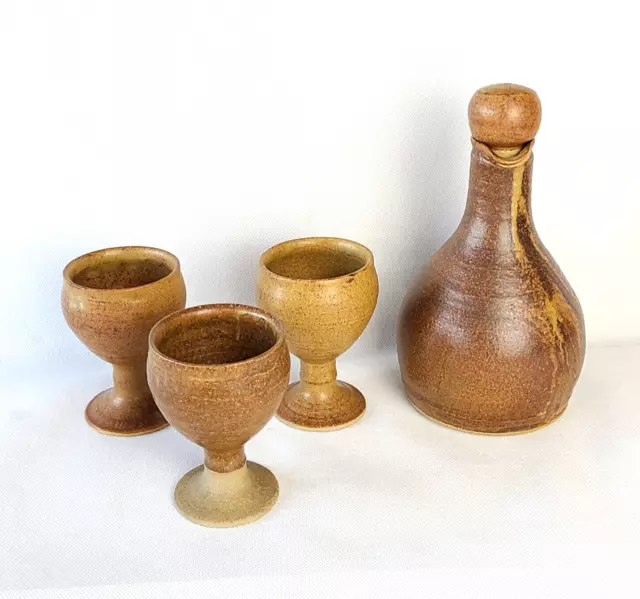 Vintage St Ives Cornwall Pottery Wine Carafe & 3 Goblets Signed PR Paul Richards