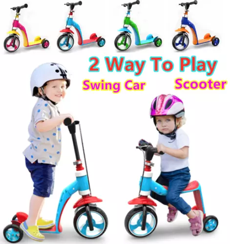 2-1 Kids Child Toddler Scooter Push Kick 3 Wheel Swings Car Toy Balance Ride On 2