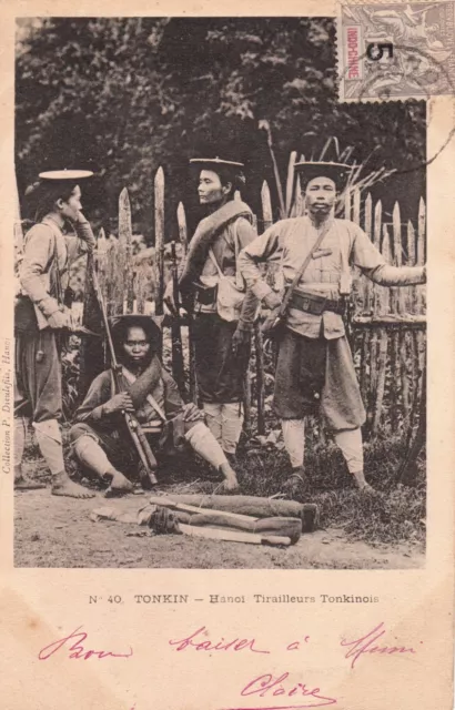 Carte postale ancienne INDOCHINE VIETNAM TONKIN HANOI tirailleurs timbrée 1904