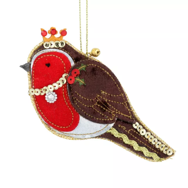 Gisela Graham Luxe Fabric Robin Christmas Tree Decoration with Gold Twine