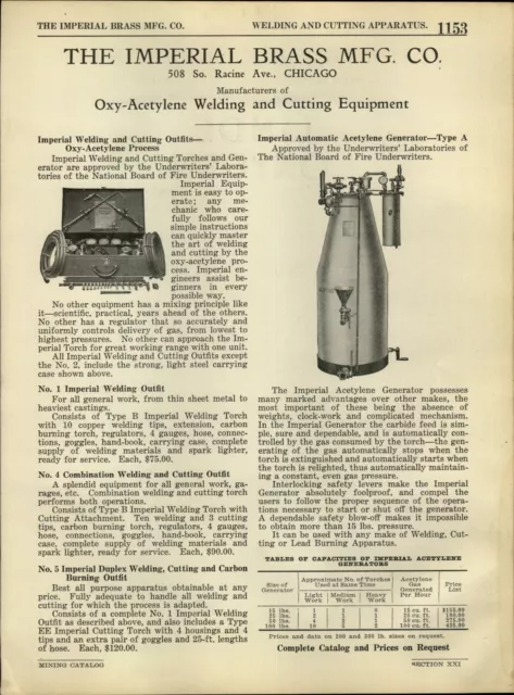 1924 PAPER AD The Imperial Brass Co Oxy Acetylene Generator Welding Coal Mine
