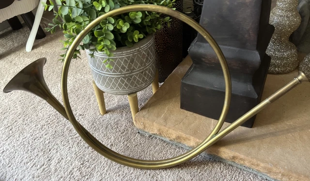 Vintage Brass French Horn Decoration Rustic Holiday Christmas Farmhouse Boho 12”