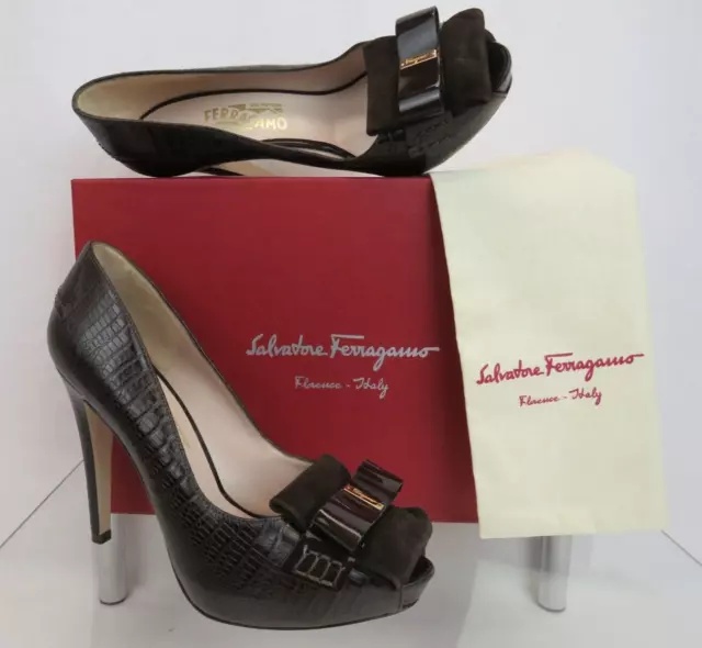 Ferragamo Rilly Brown Lizard Print Leather Suede Bow Logo Platform Pumps 9 B 2