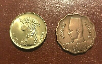 King Farouk 1938 10 Mil & Queen Cleopatra 50 piasters 2 Egyptian beautiful coins