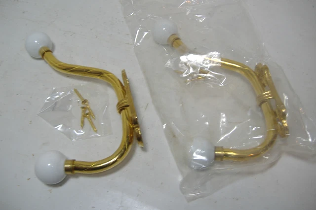  Pair of Brass and Porcelain Wall Mount Double Coat Hooks with Screws