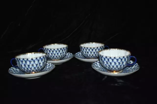4 juegos de taza de té y platillo de porcelana oro cobalto LOMONOSOV de colección