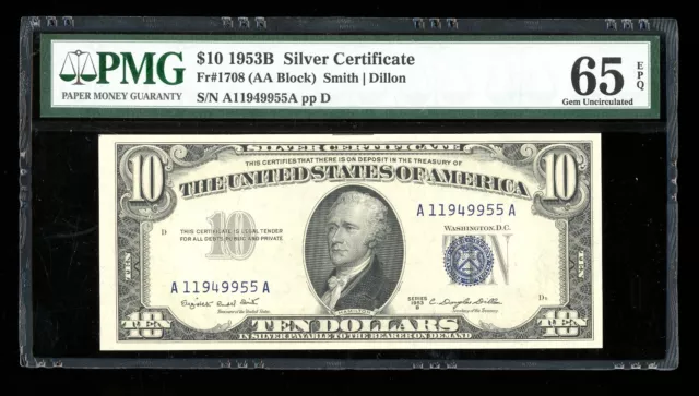 DBR 1953-B $10 Silver Fr. 1708 Gem PMG 65 EPQ Serial A11949955A