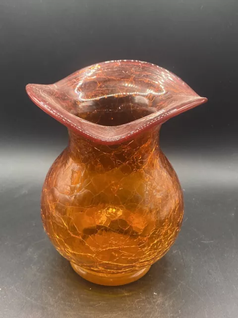 Amberina Orange Hand Blown Crackle Glass Vase Ruffle Rim