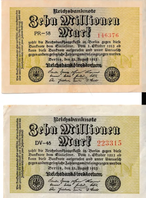 ABART 2x GELDSCHEIN 10 Millionen Mark 22.8.1923 DEUTSCHES REICH Wz GD Mio Lot