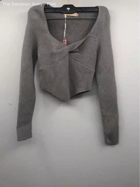 Qinsen Womens Gray Ribbed Twist Front Cropped Pullover Sweater Size Medium