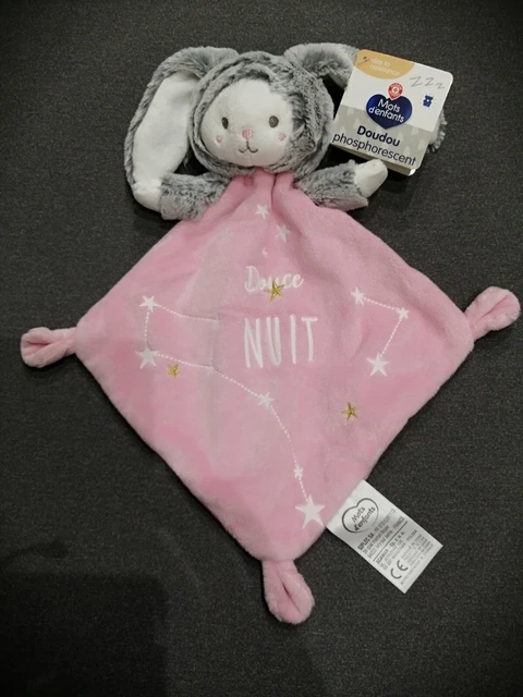 MOTS D'ENFANTS Doudou Ours Blanc Déguisé en lapin gris et rose douce nuit