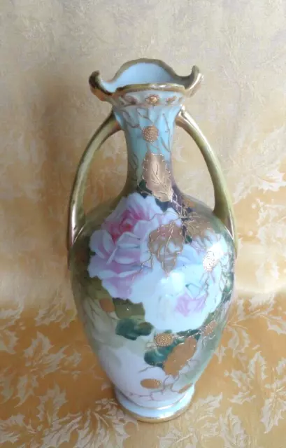 Antique Nippon Moriage Hand Painted Handled Vase Rose Gold Gilt Ca 1911-1921