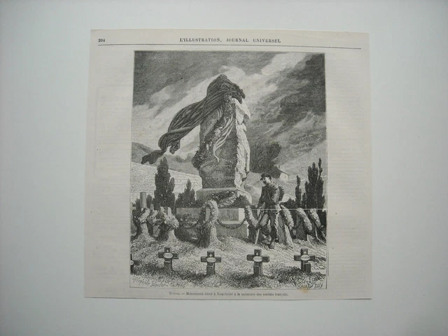 Gravure 1873. Suisse. Monument Eleve A Neuchatel A Memoire Des Soldats Franças.