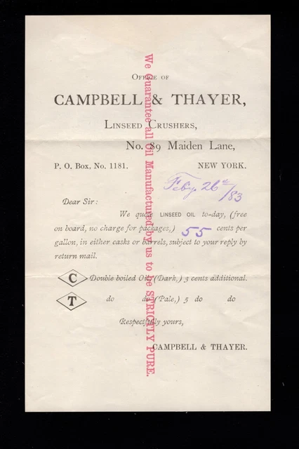 LINSEED CRUSHERS Campbell & Thayer Linseed Oil 1883 Price Sheet & PSE Cover 3Q