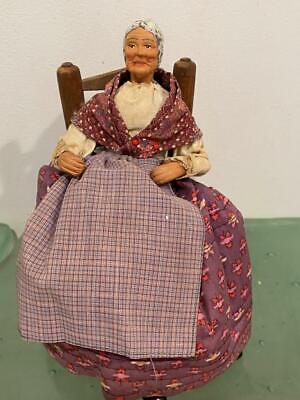 France Vtg Santon Doll Figure Seated Grandmother Terra Cotta Wood Chair 8"