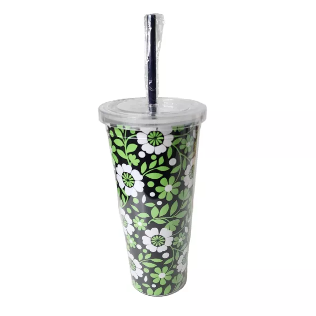Vera Bradley Tumbler Travel Cup with Straw Lucky You Green White Black NEW READ