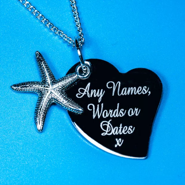 Personalised Silver Sea Starfish Free Name Text Engraved Charm Pendant Necklace