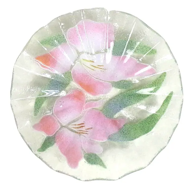 Sydenstricker Fused Glass 8" Bowl Signed Ruffled Edge Pastel Pink Floral Art